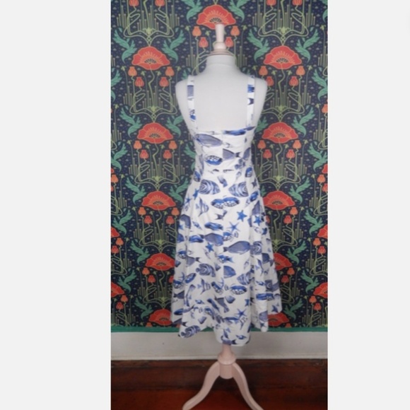 Avec Les Filles Blue White Fish Seashell Nautical Fit Flare Dress 6 - Picture 5 of 5